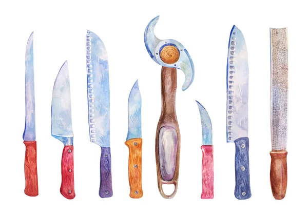 Различные Кухонные Ножи Пиццы Овощей Хлеба Чистки Рыбы Нарезки Фруктов — стоковое фото