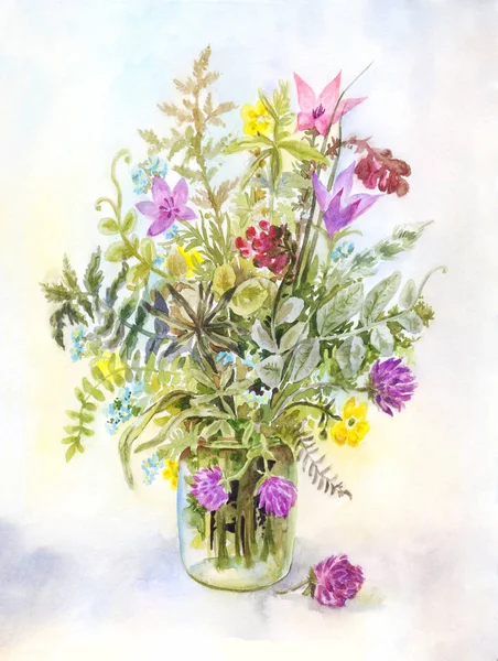 Watercolor meadow flowers in a glass jar. Summer vintage illustration suitable for poster — Stock Image Watercolor Meadow Flowers Glass Jar Summer Vintage Illustration Suitable Poster Royalty Free Stock Images