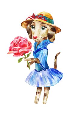 Büyük pembe gül desenli bir hediye sevimli köpek bir mavi elbise ve şapka. Karakter, arka ayakları çocuk giyim, bir T-shirt veya sırt çantası baskı dekorasyon için uygun tarihinde Dalmaçyalı