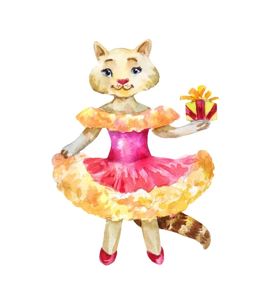 Lustige Katze Rosa Kleid Mit Einem Geschenk Niedliche Aquarell Bemalte — Stockfoto