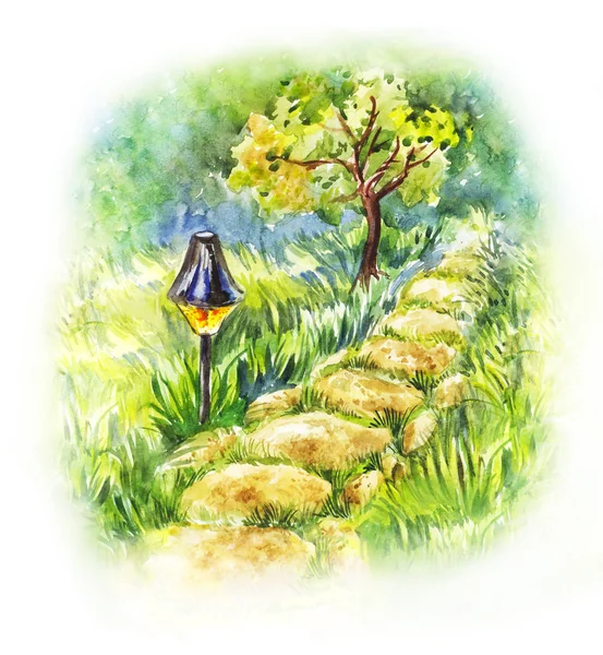 Garden stone path with lantern. Summer watercolor illustration of evening landscape