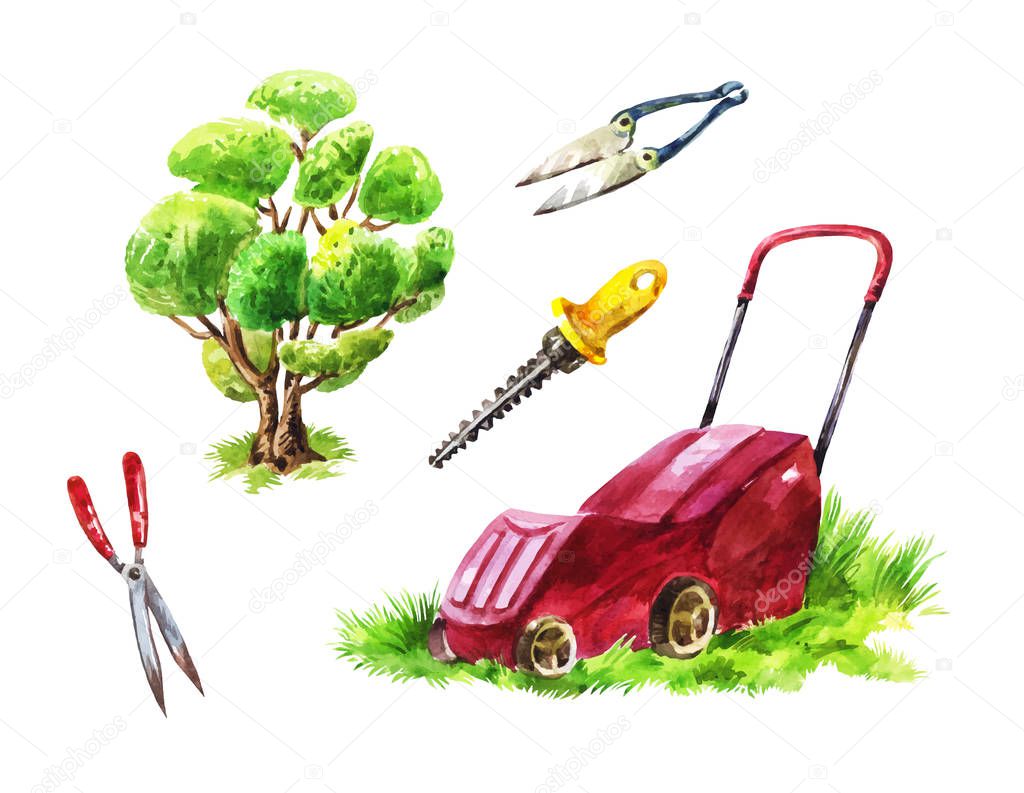  Watercolor set of instruments. Gardener's tools for mowing the lawn, cutting shrubs and trees, for yard maintenance and landscaping