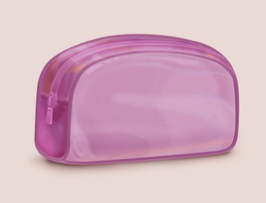 Mor kalem durumda. Tek renkli kozmetik çantası bej renkli arka plan üzerinde gösterimi