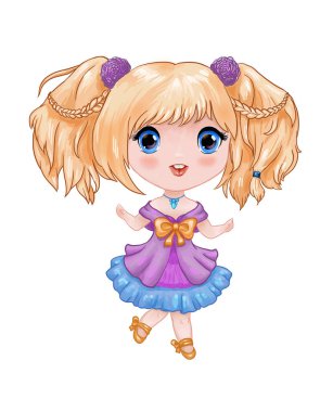 Chibi illüstrasyon. Küçük şirin anime kız mor-mavi elbise duncing ve gülümseyerek. Çizilmiş karikatür çocuk. Karakter çıkarmaya'nın ürünler üzerine baskı için uygun