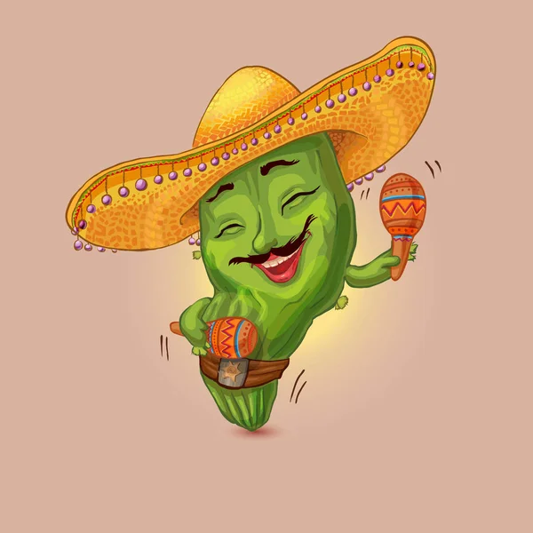 Personaje Fresco Cactus Bailando Con Maracas Sombrero Sombrero Siesta Ilustración — Vector de stock