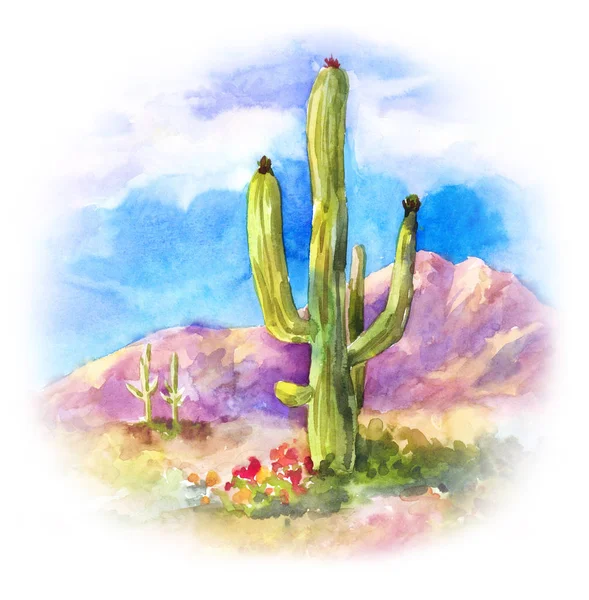 Reuze Succulente Carnegiea Woestijn Landschap Ronde Aquarel Illustratie — Stockfoto