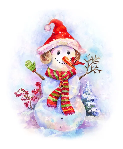 Acquerello di anno nuovo. Divertente pupazzo di neve in cappello di Natale e rosso-gree — Foto Stock