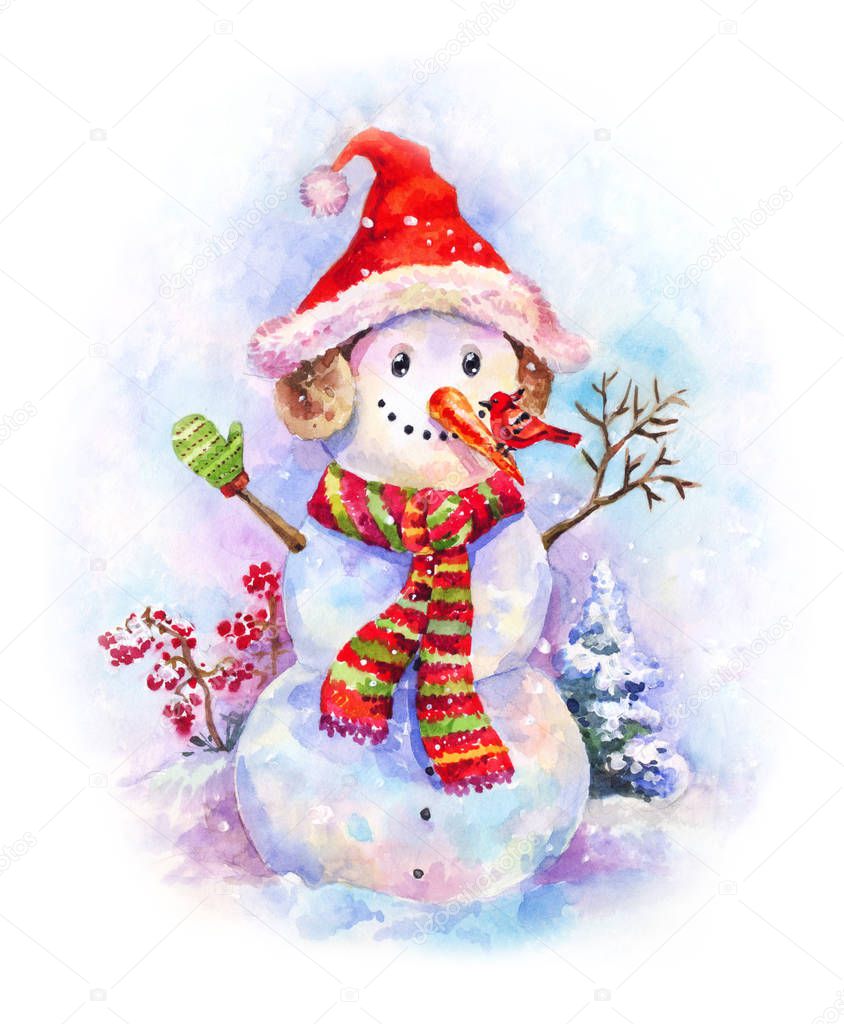 New year watercolor. Funny snowman in Christmas hat and red-gree