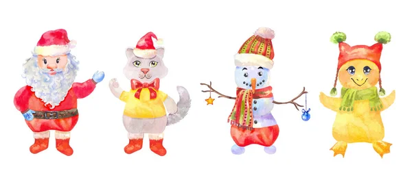 Personajes Año Nuevo Funny Santa Muñeco Nieve Polluelo Gato Trajes —  Fotos de Stock