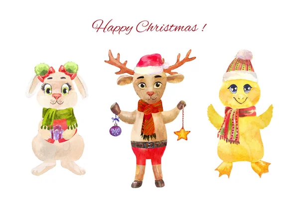Grappige Kerst Herten Kuiken Konijn Aquarel Nieuwjaar Tekens Winter Cartoon — Stockfoto