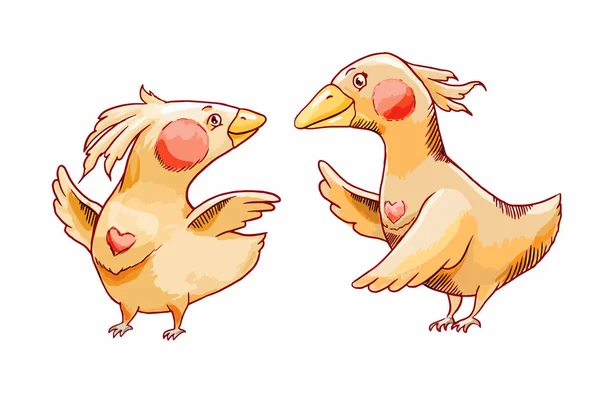 Dos Pájaros Dibujos Animados Amarillos Enamorados Ilustración Dibujada Mano Para — Vector de stock