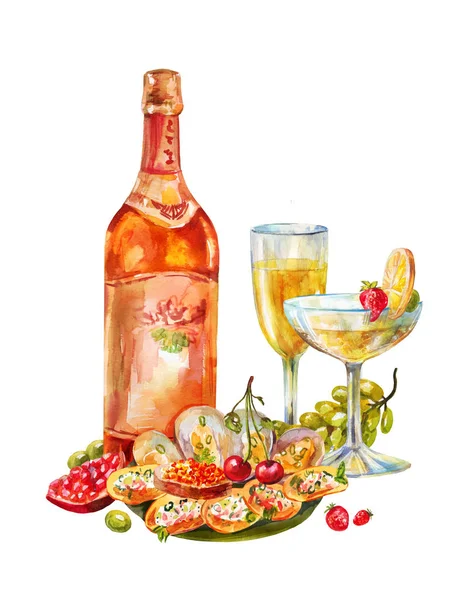Festive Buffet Wine Champagne Fruit Seafood Snacks Caviar Grapes Watercolor — Stock Photo, Image