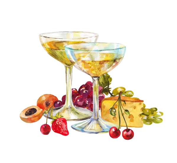 Bela Aquarela Ainda Vida Com Queijo Fruta Vinho Branco Champanhe — Fotografia de Stock