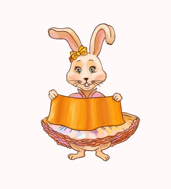 Boş bir bez parçası tutan vektör komik tavşan (tavşan). Küçük banner için kısa yazı. Basit metin (açık, kapalı, Merhaba veya hoş geldiniz için yer)