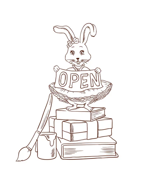 Conejito Lindo Conejo Vestido Pie Sobre Libros Con Cinta Oro — Vector de stock