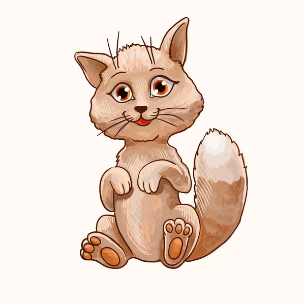 Brown Kitten Sitting Raised His Paws Vector Cute Character — Stock Vector