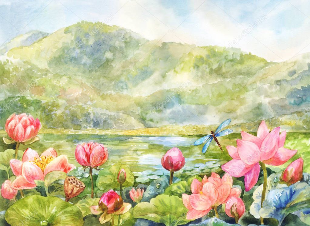 Watercolor landscape with lotuses, mountains and lake. Sunny day