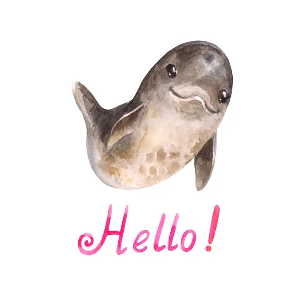 Mignon dessin animé aquarelle dauphin dit 'hello' — Photo