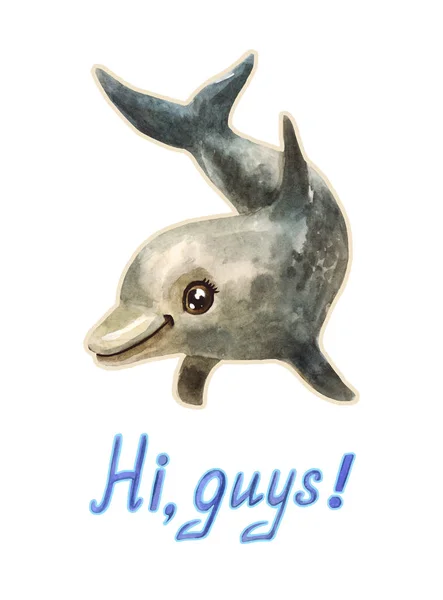 Aquarell lustiger Cartoon Delphin mit Gruß "Hallo Jungs" — Stockfoto