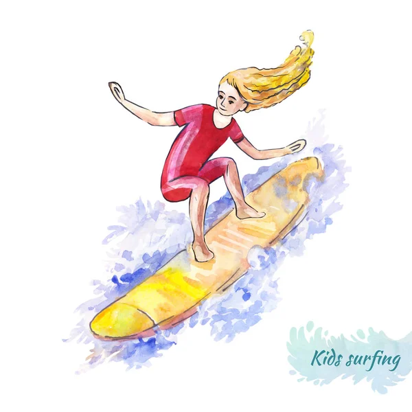 Surfing for kids. Young surfer on the board. The girl catches th