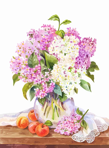 Watercolor bouquet of lilac in vase, and apricots on the wooden — Stock Vector