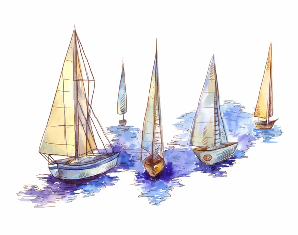 Vektor akvarell vitorlás regatta elszigetelt fehér. Seascape — Stock Vector