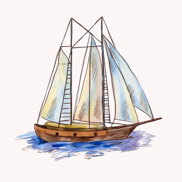 Vector watercolor sailing ship isolated on white. Seascape scene — Stock Vector