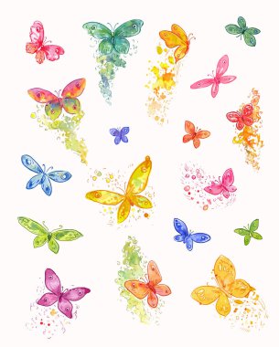 Suluboya soyut kelebekler seti. Güvelerin vektör çizimleri