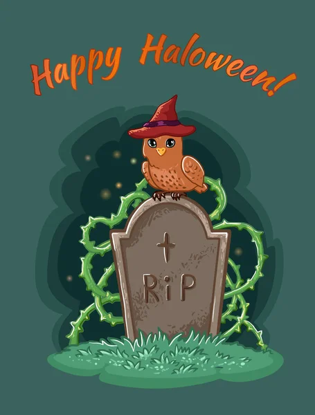 Halloween Owl Hat Sits Tombstone Cemetery Vector Postcard Illustration — Stock Vector