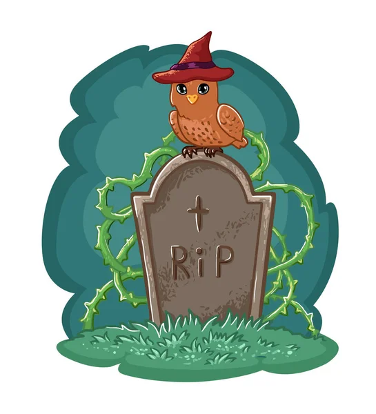 Burung Hantu Dengan Topi Kuburan Ilustrasi Vektor Halloween Untuk Stiker - Stok Vektor