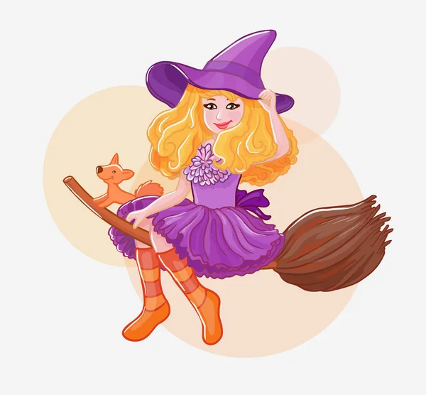 Penyihir Halloween Vektor Ilustrasi Lucu Gadis Kecil Dan Rubah - Stok Vektor