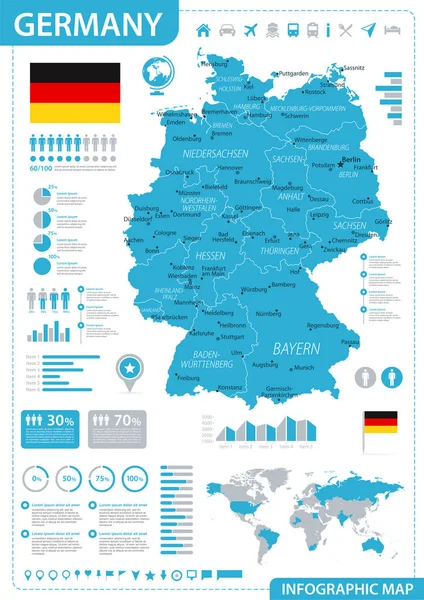 ドイツ地図 ブルーインフォグラフィック 詳細ベクトルイラスト — ストックベクタ