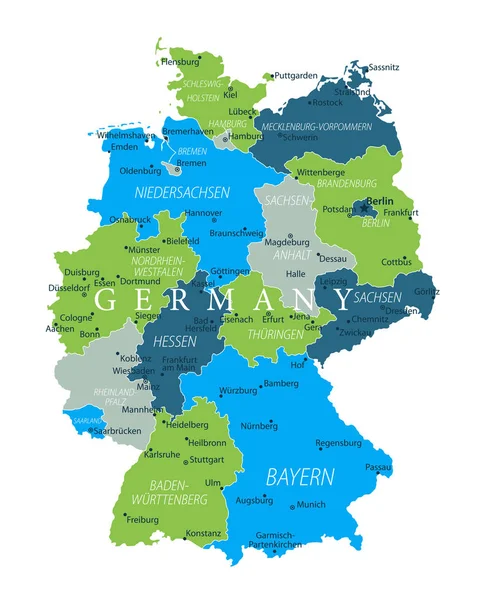 Mapa Niemiec Niebieski Zielony Szary Białym Tle Szczegółowa Ilustracja Wektorowa — Wektor stockowy