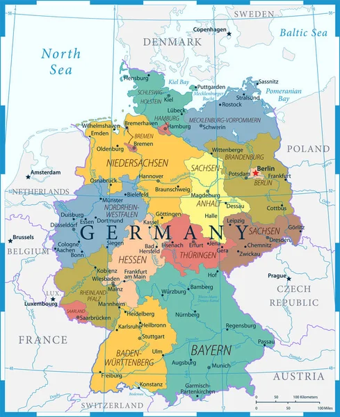 Germania Mappa Griglia Colori Illustrazione Vettoriale Dettagliata — Vettoriale Stock