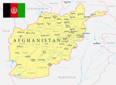 Afganistan Haritası Siyasi - Başkent, Şehirler, Nehirler ve Göller - ayrıntılı vektör illüstrasyon