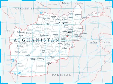 Afganistan Haritası Siyasi - Başkent, Şehirler, Nehirler ve Göller - ayrıntılı vektör illüstrasyon