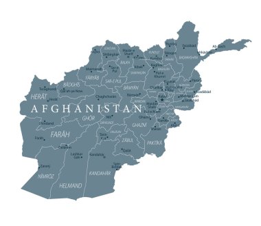 Afganistan Haritası Siyasi - Grayscale - ayrıntılı vektör illüstrasyon