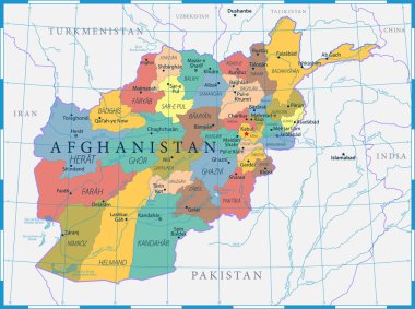 Afganistan Haritası Siyasi - Başkent, Şehirler, Nehirler ve Göller - ayrıntılı vektör illüstrasyon