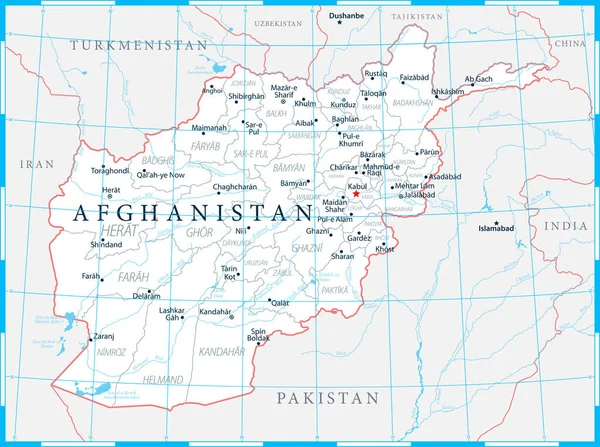 Afganistán Mapa Político Capital Ciudades Ríos Lagos Ilustración Vectorial Detallada — Vector de stock