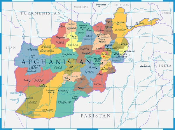 アフガニスタン地図政治 川や湖 詳細なベクトルイラスト — ストックベクタ