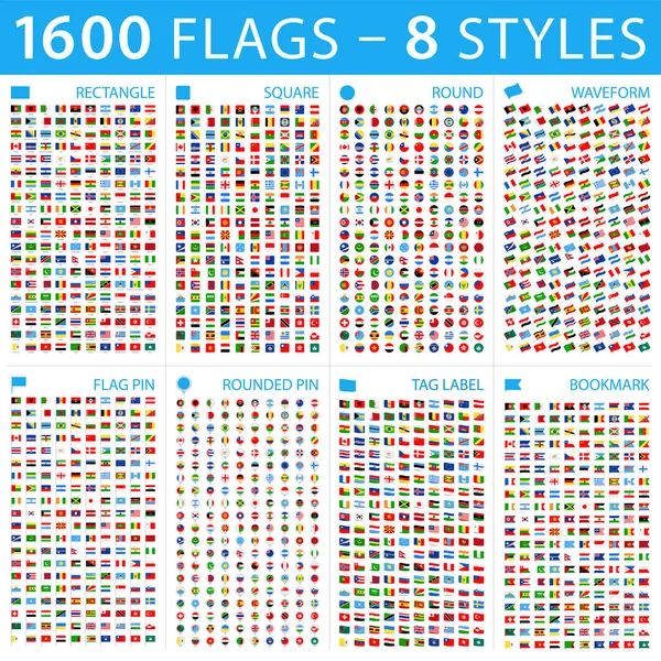 Όλες Σημαίες Του Κόσμου Μεγάλο Σετ Διαφορετικά Στυλ Vector Flat — Διανυσματικό Αρχείο