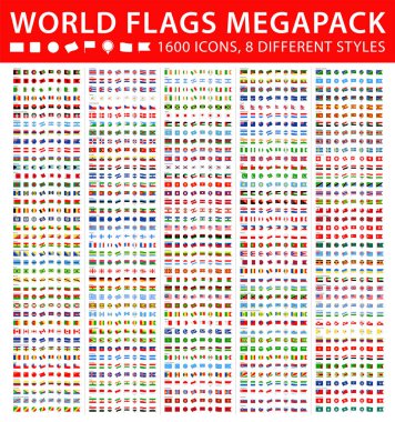 Tüm Dünya Bayrakları - Mega Set. Farklı stiller. Vektör Düz Simgeler - İllüstrasyon