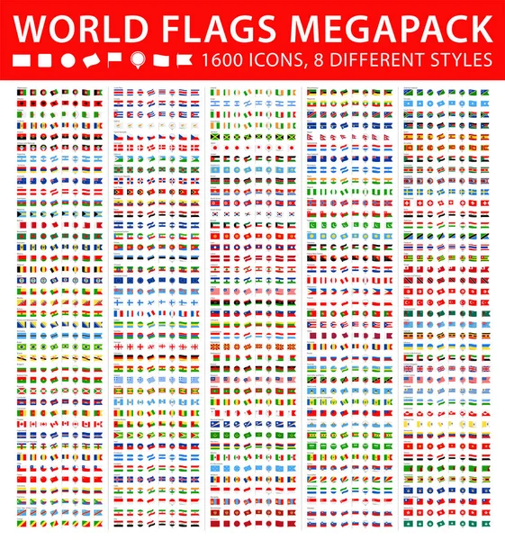 所有世界旗帜 巨型套装 不同的样式 矢量平面图标 — 图库矢量图片