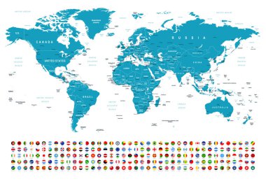 Dünya Haritası ve Bayrakları - sınırlar, ülkeler ve şehirler - vektör illüstrasyonu