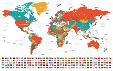 Dünya Haritası ve Bayrakları - sınırlar, ülkeler ve şehirler - vektör illüstrasyonu