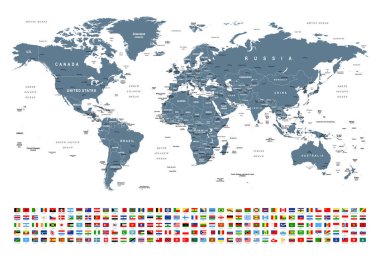 Dünya Haritası ve Bayrakları - sınırlar, ülkeler ve şehirler - vektör illüstrasyonu