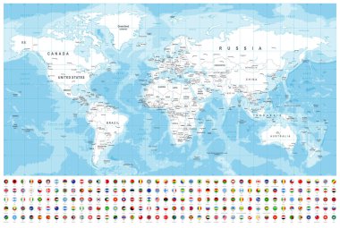 Dünya Haritası ve Bayrakları - sınırlar, ülkeler ve şehirler - vektör illüstrasyonu