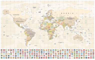 Dünya Haritası ve Bayrakları - sınırlar, ülkeler ve şehirler - vintage vektör illüstrasyonu