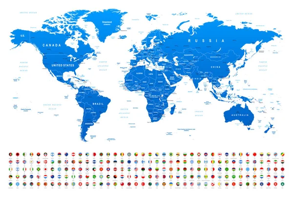 Niebieska Mapa Świata Flagi Granice Kraje Miasta Ilustracja Wektorowa — Wektor stockowy