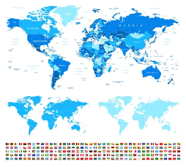 Mapa Del Mundo Banderas Fronteras Países Ciudades Ilustración Vectorial — Vector de stock